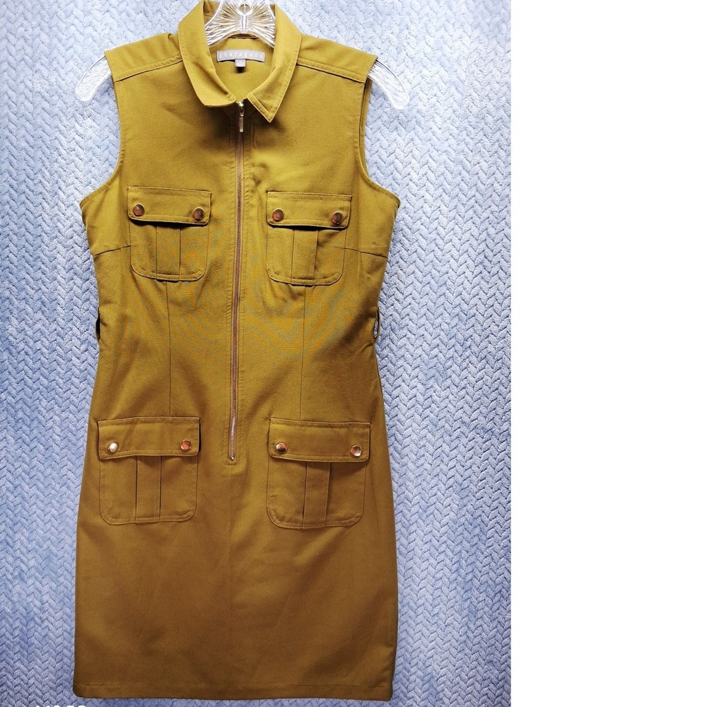 Sharagano Women Mustard Olive Green Utility Zip Front Safari Sheath Dress Size 4